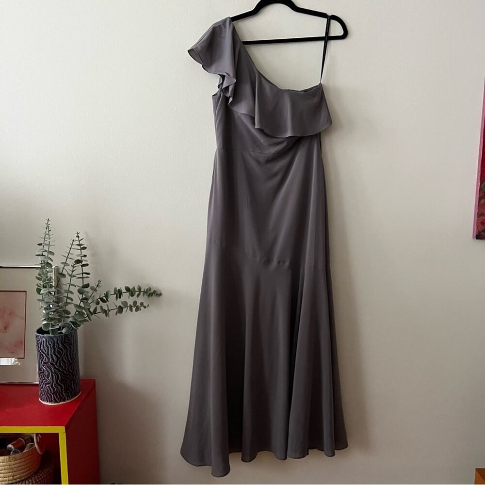 Jenny Yoo Grey One Shoulder Ruffle Gown